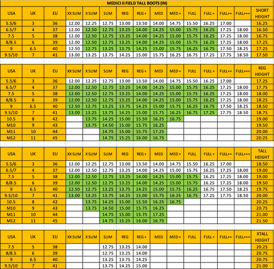 Size chart: Field Boots