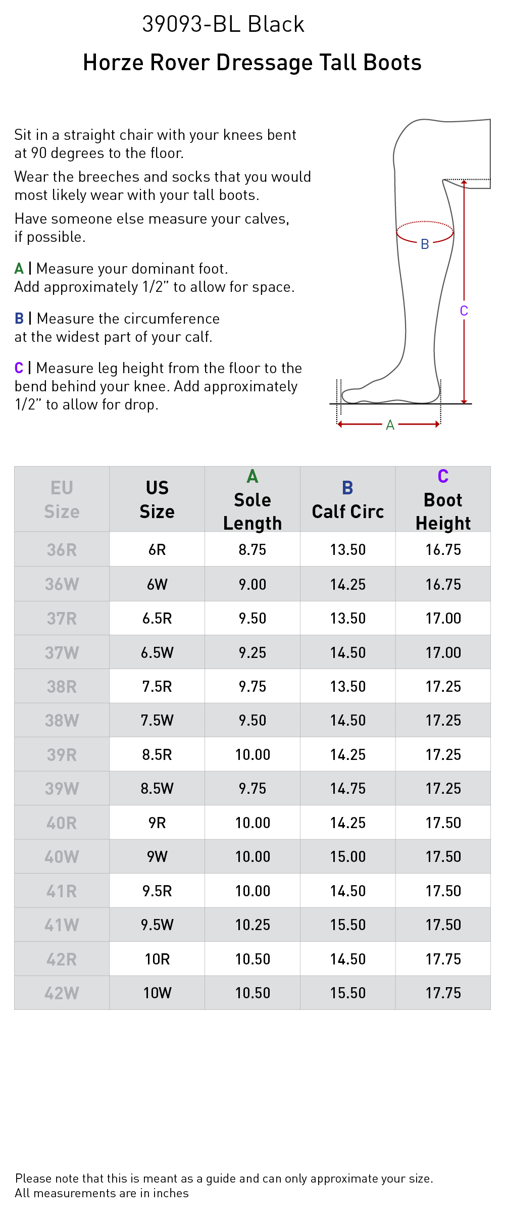 Size chart: Dress & Dressage Boots
