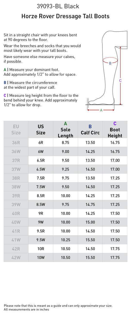 Size chart: Dress &amp; Dressage Boots