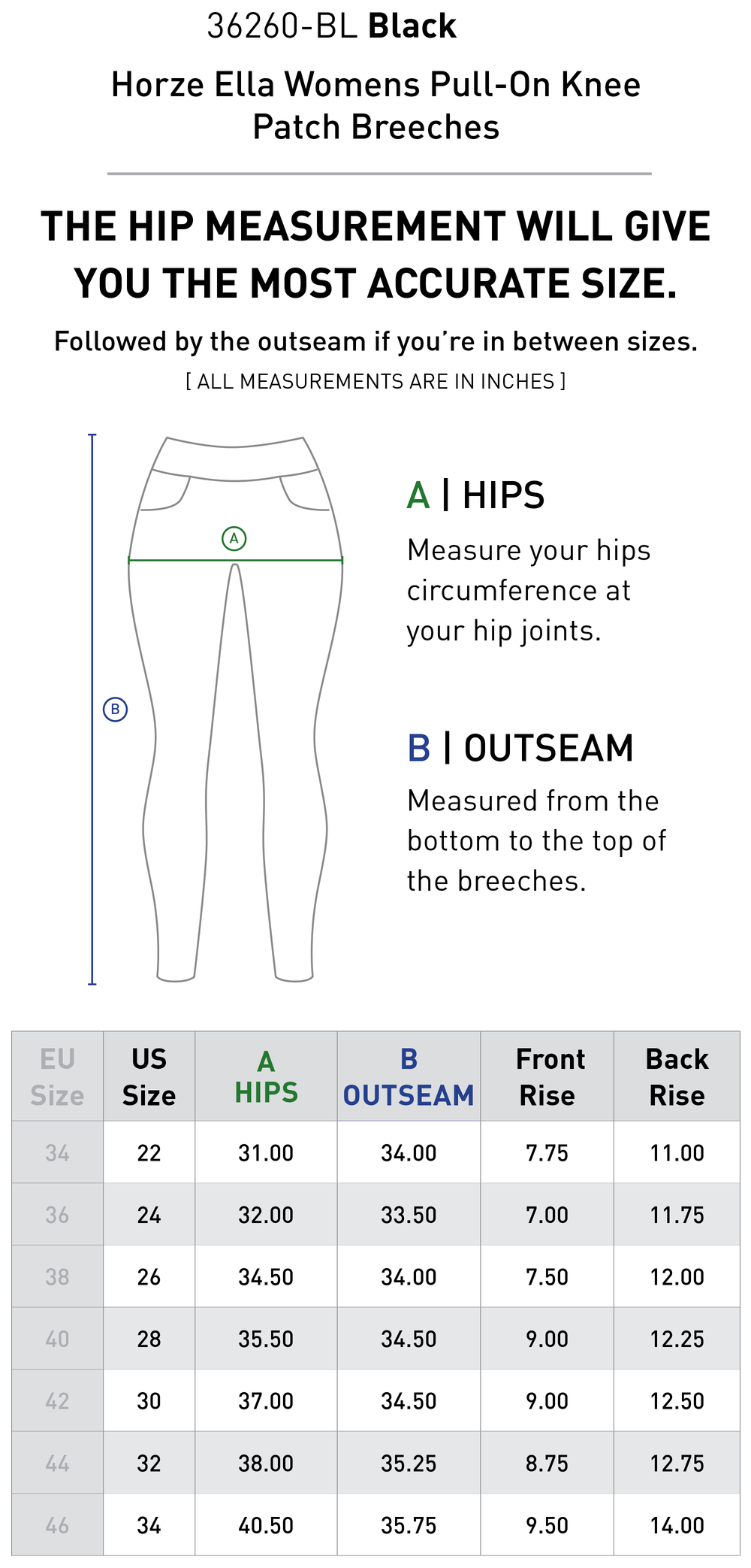 Size chart: Women's Knee Patch Breeches & Tights