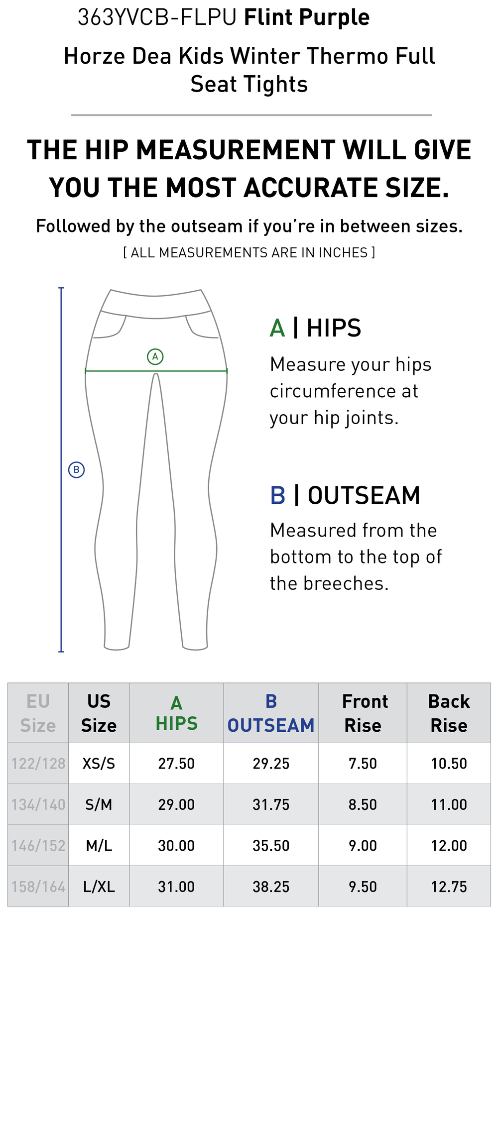 Size chart: Kid's Full Seat Breeches & Tights