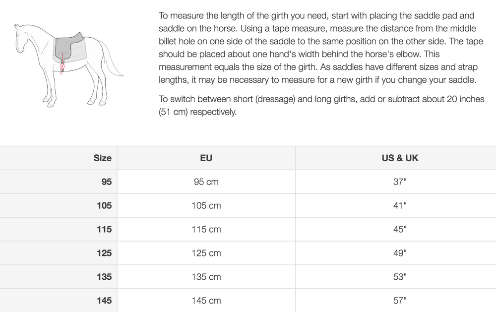 Size chart: Long Girths
