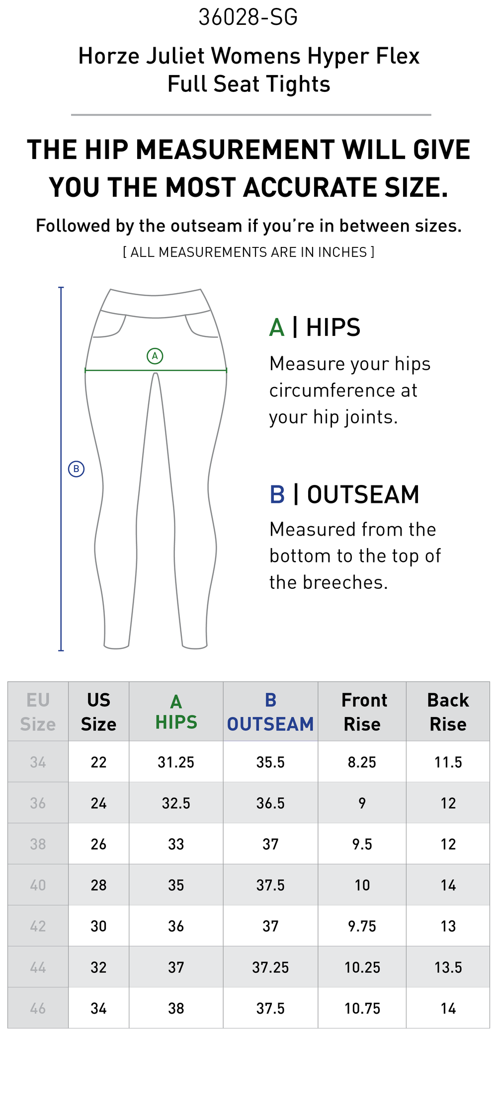 Size chart: Women's Full Seat Breeches & Tights
