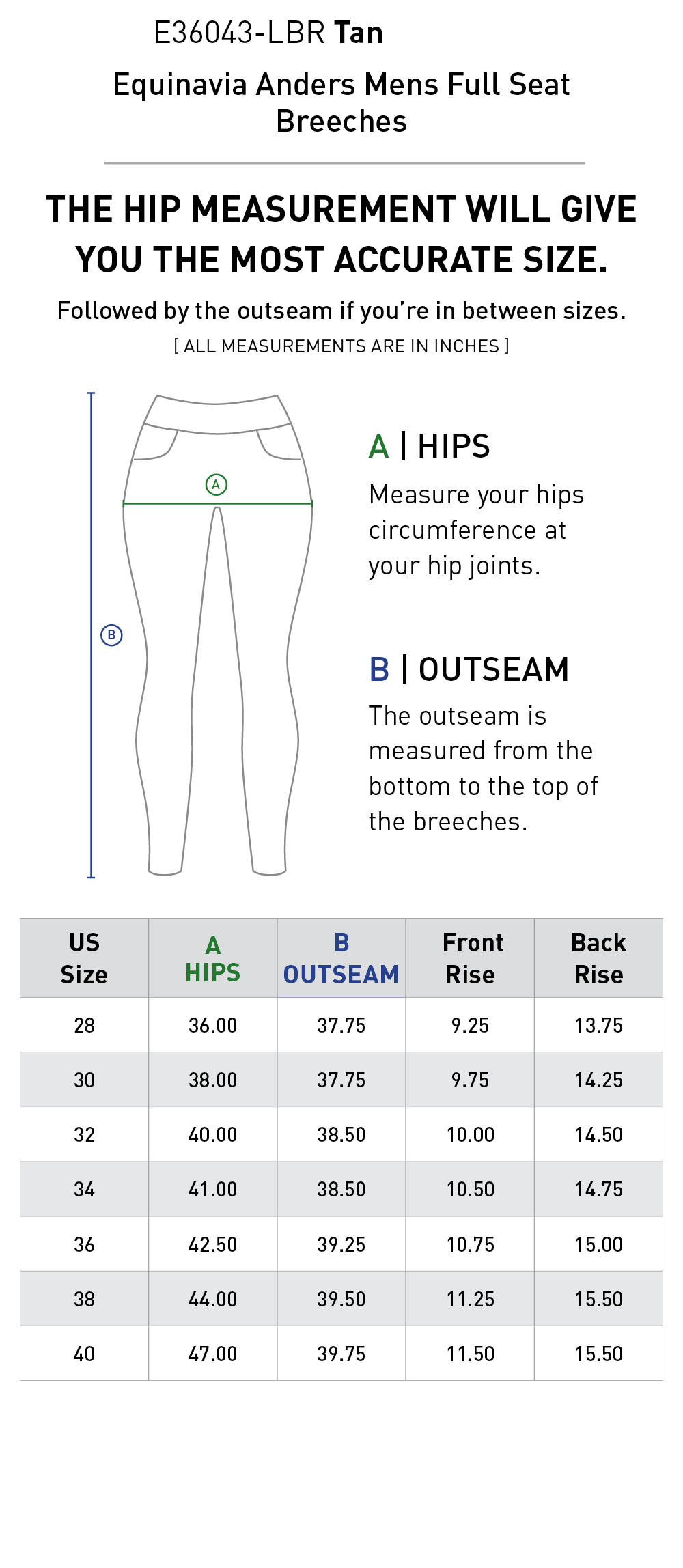 Size chart: Men's Riding Breeches