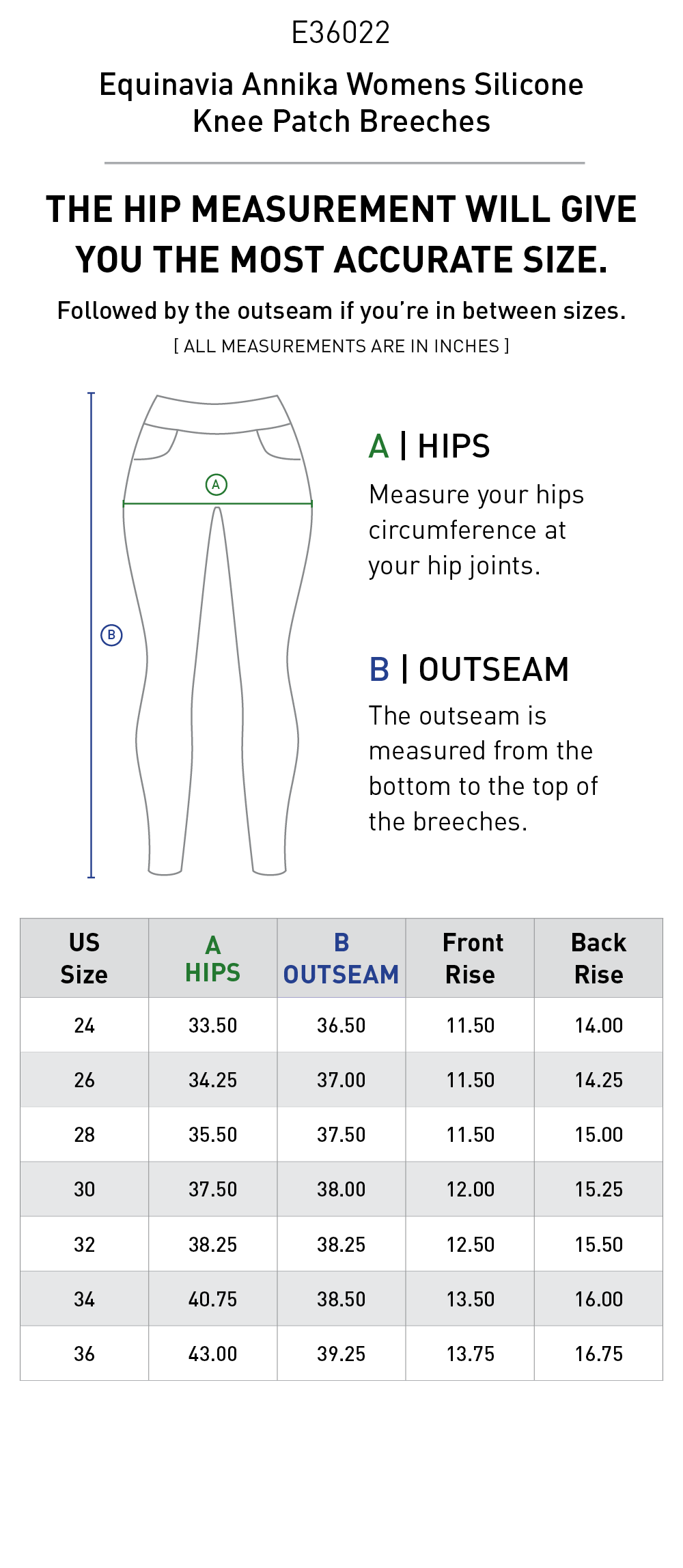 Size chart: Women's Knee Patch Breeches & Tights