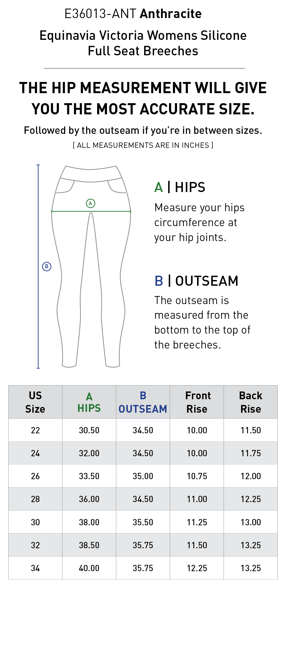 Size chart: Women's Full Seat Breeches & Tights