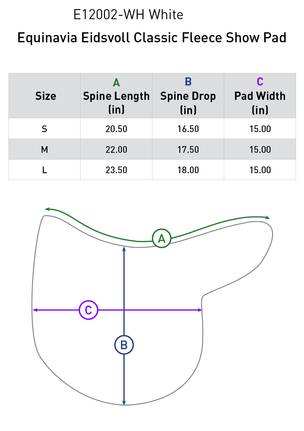 Size chart: English Fitted Pads