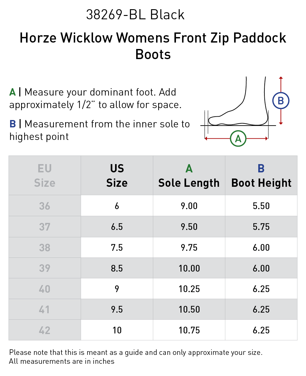 Size chart: Paddock Boots