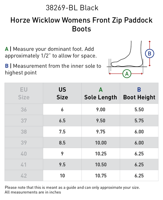 Size chart: Paddock Boots