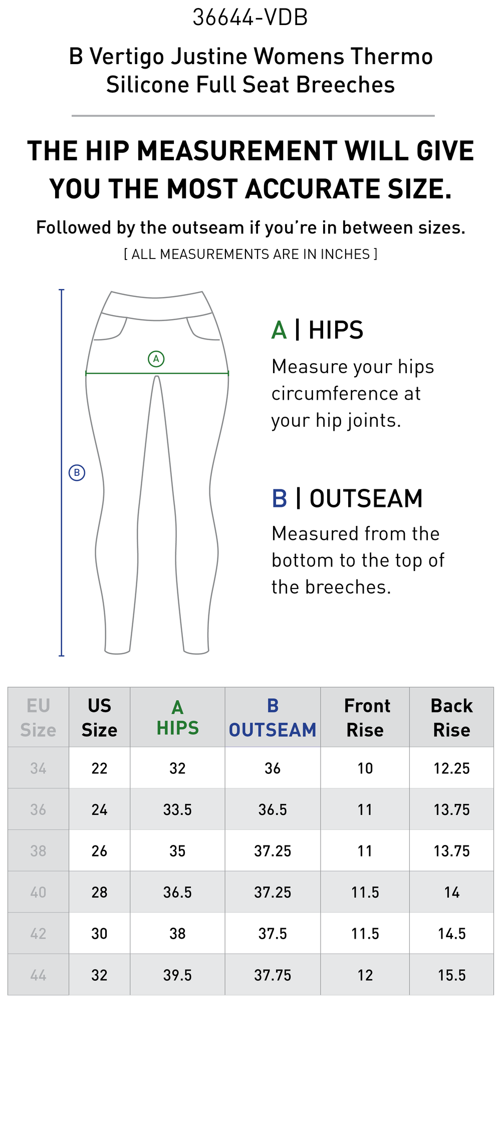 Size chart: Women's Full Seat Breeches & Tights