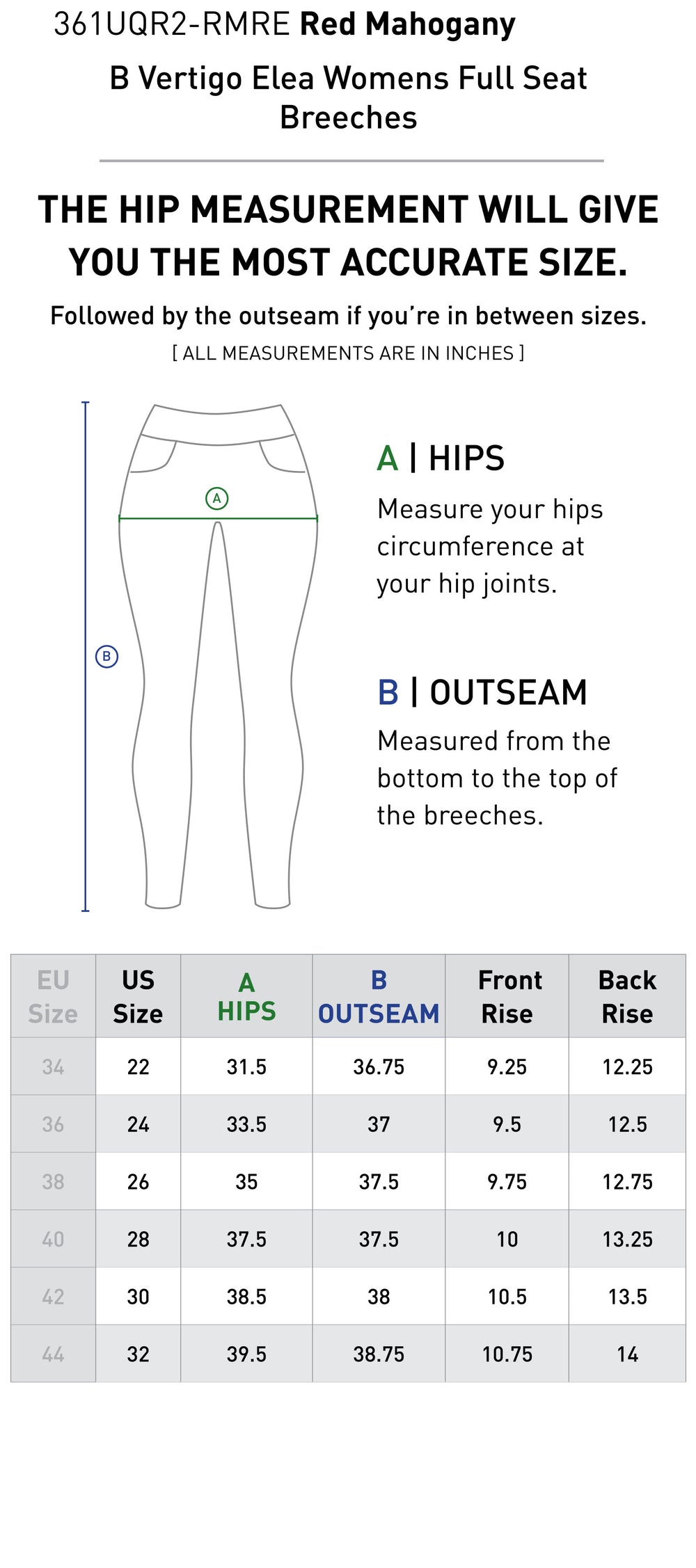 Size chart: Women's Full Seat Breeches & Tights