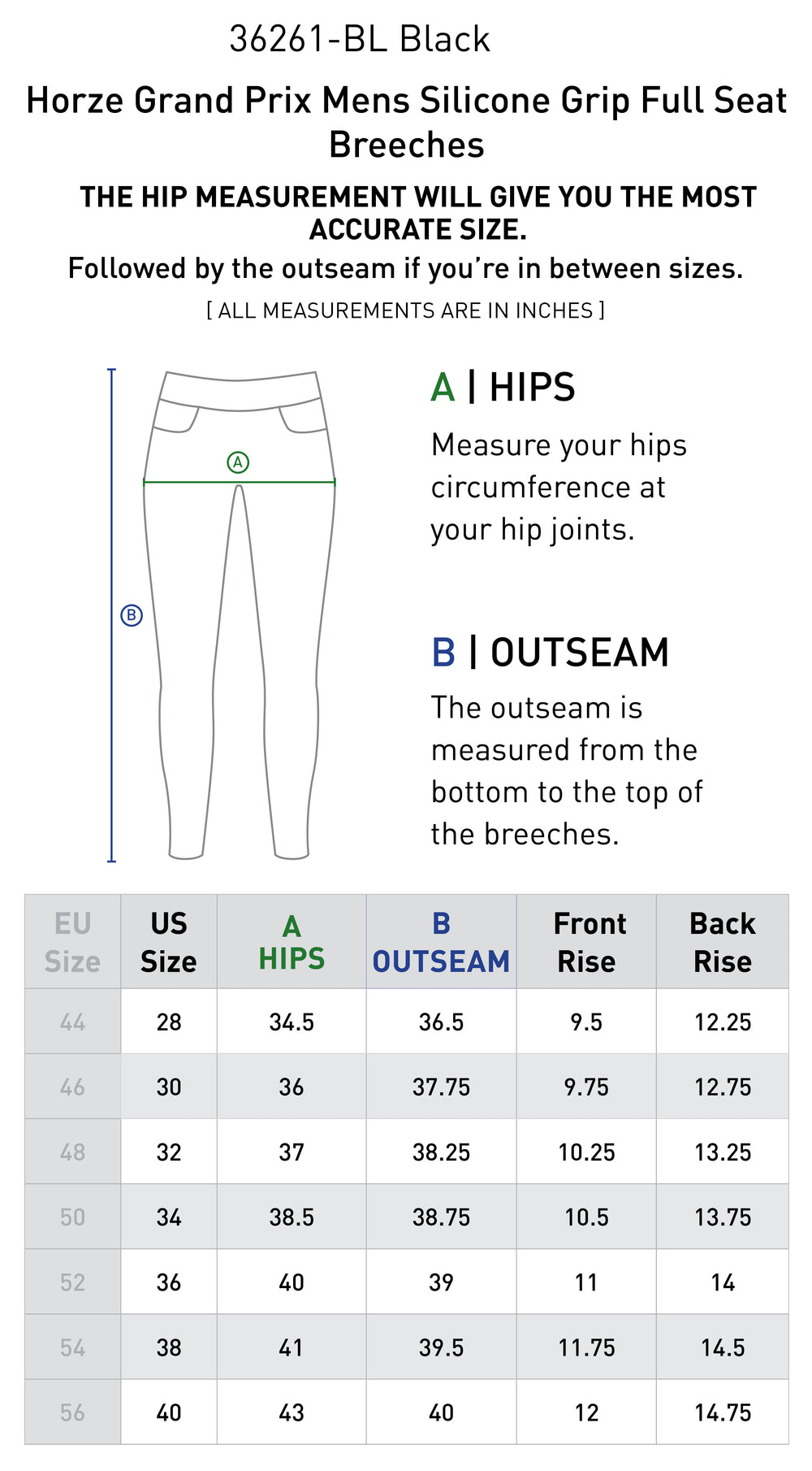 Size chart: Men's Riding Breeches