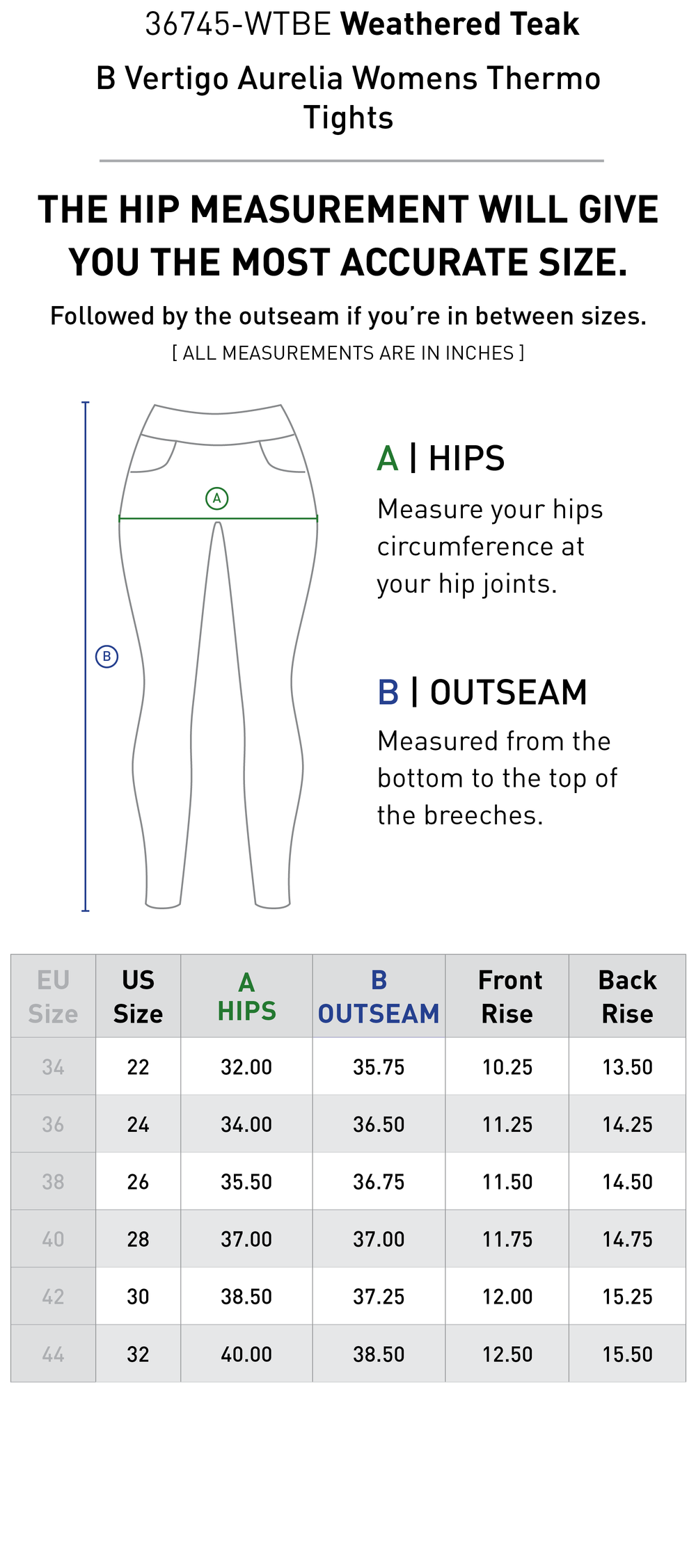 Size chart: Women's Full Seat Breeches & Tights