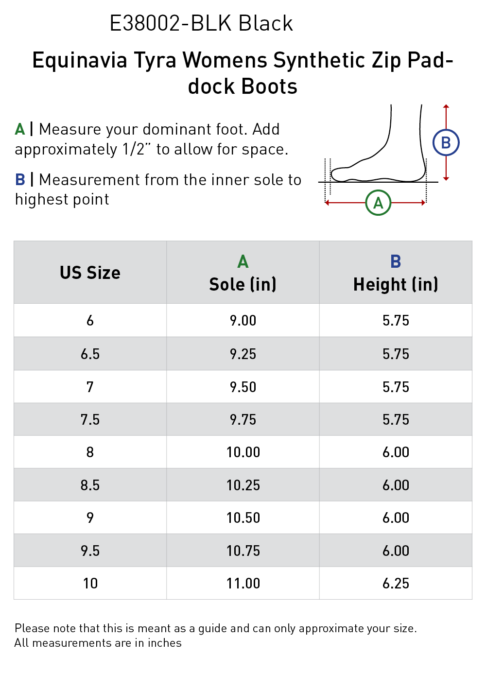 Size chart: Paddock Boots
