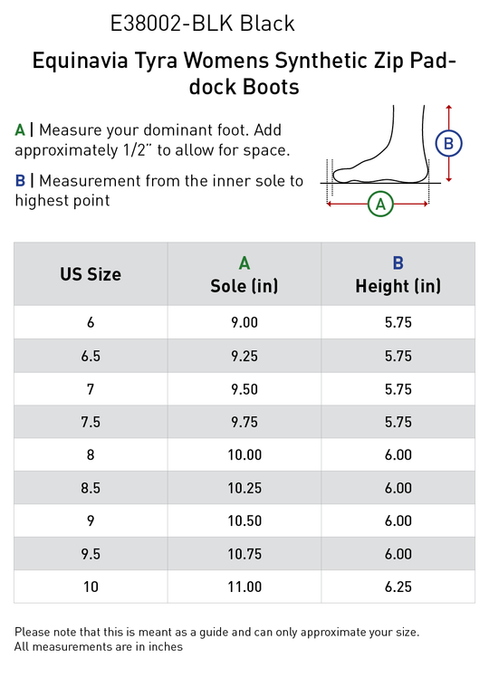Size chart: Paddock Boots