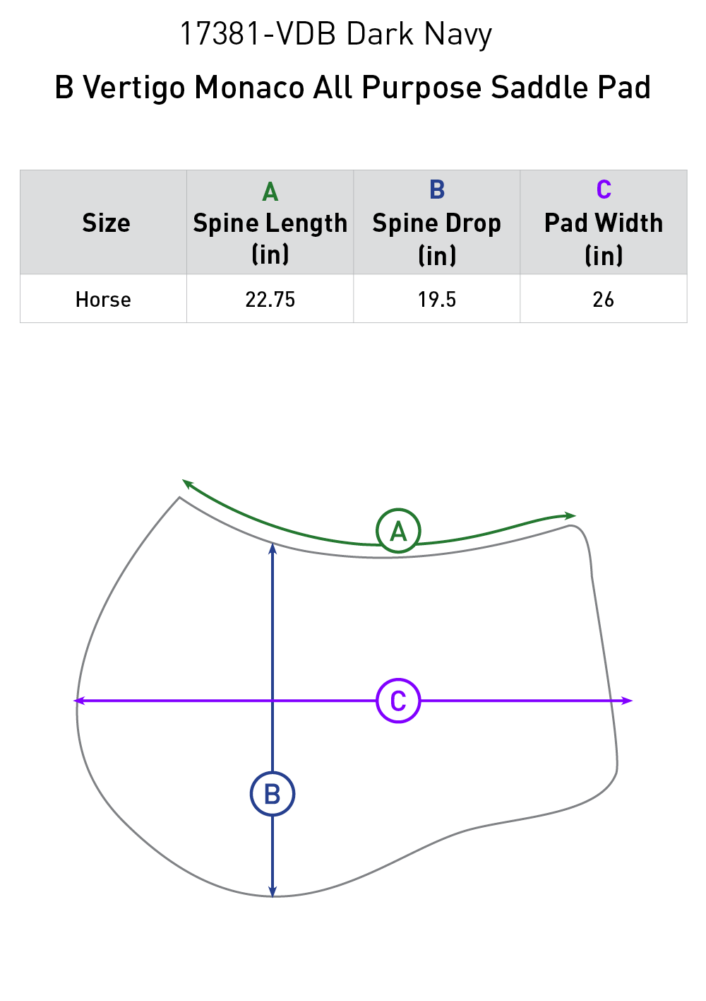 Size chart: Square All Purpose Saddle Pads