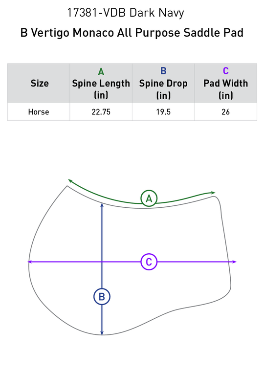 Size chart: Square All Purpose Saddle Pads