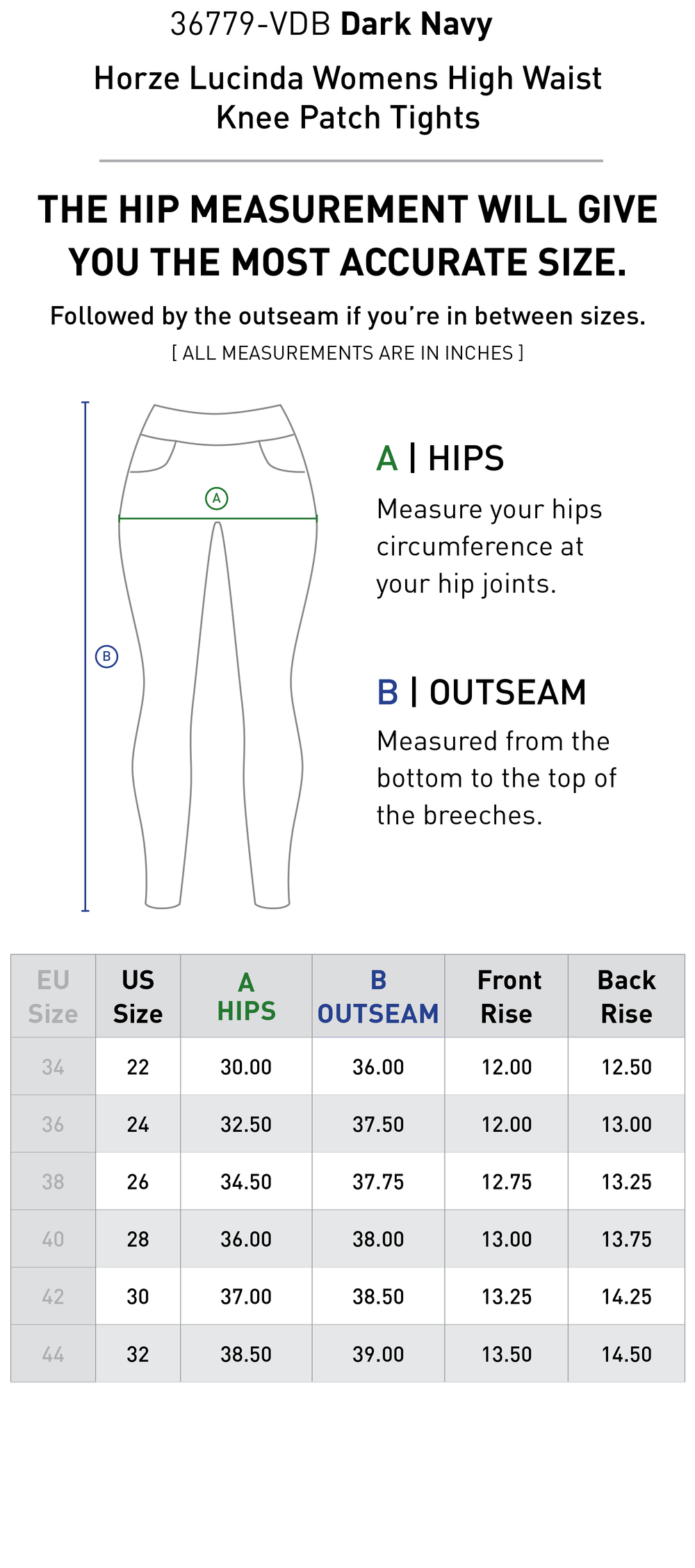 Size chart: Women's Knee Patch Breeches & Tights