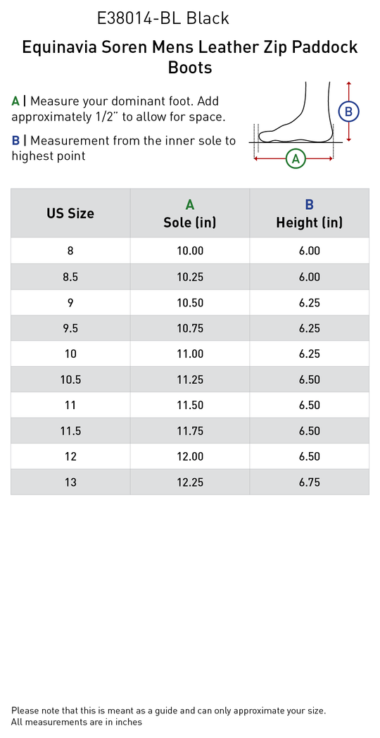 Size chart: Paddock Boots