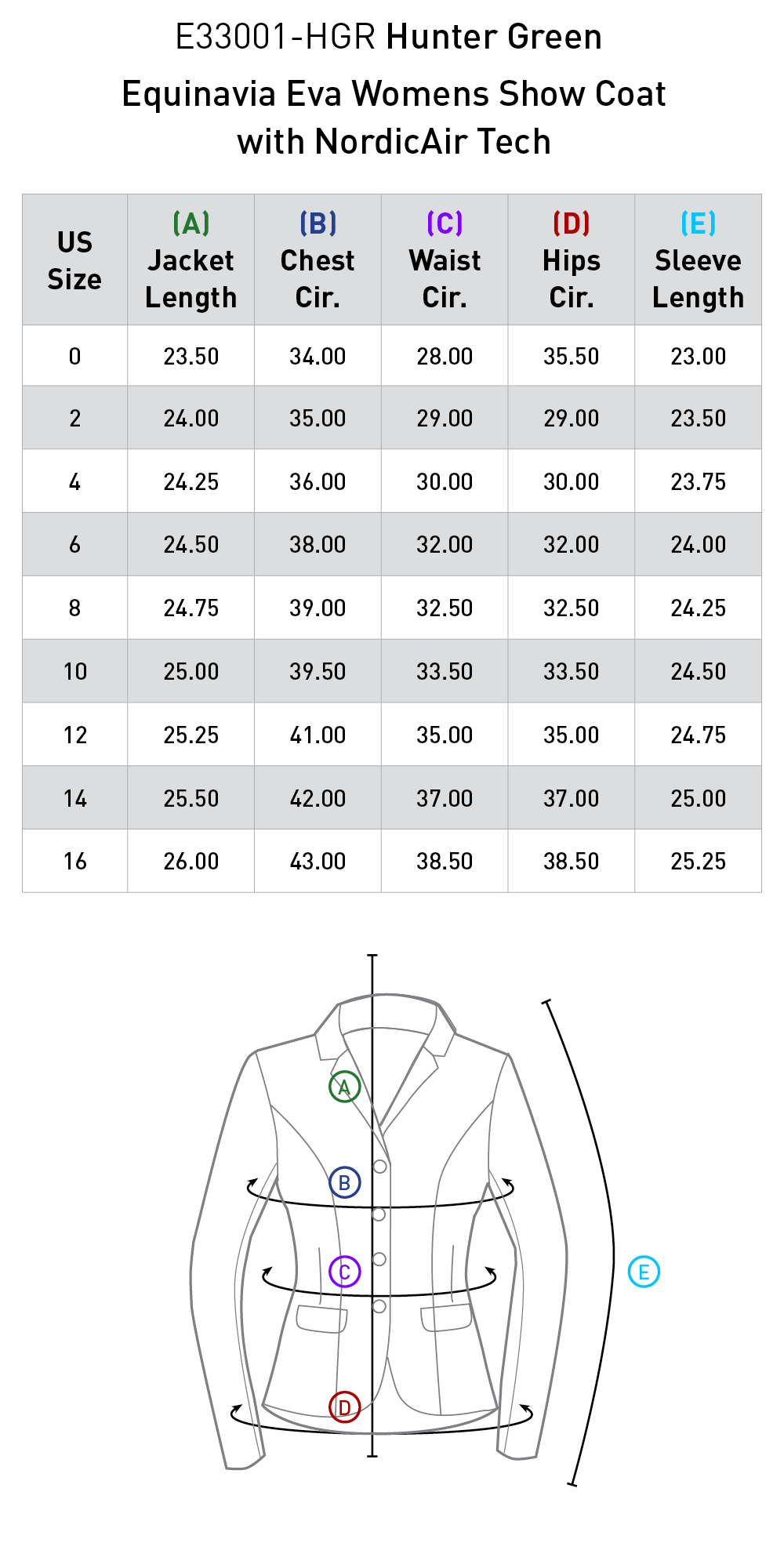 Size chart: Show Coats