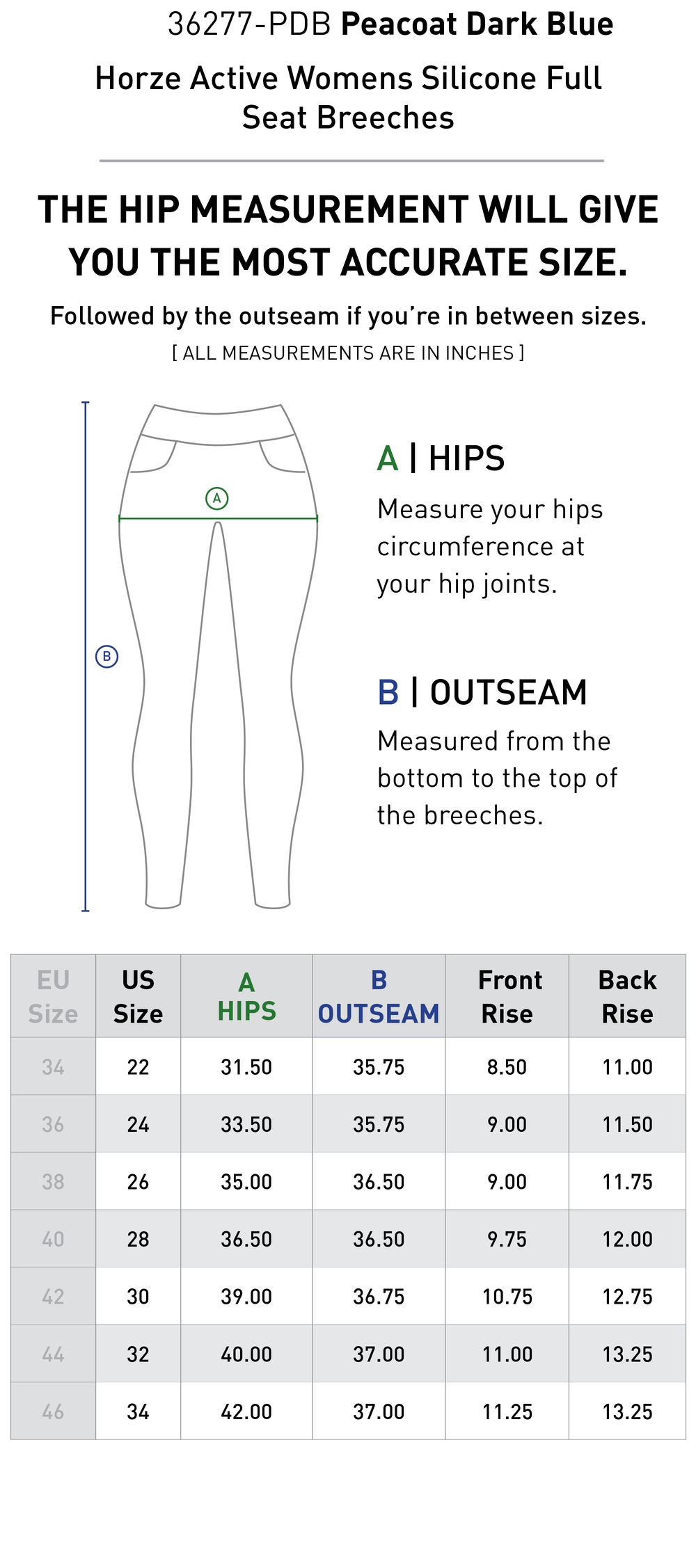 Size chart: Women's Full Seat Breeches & Tights