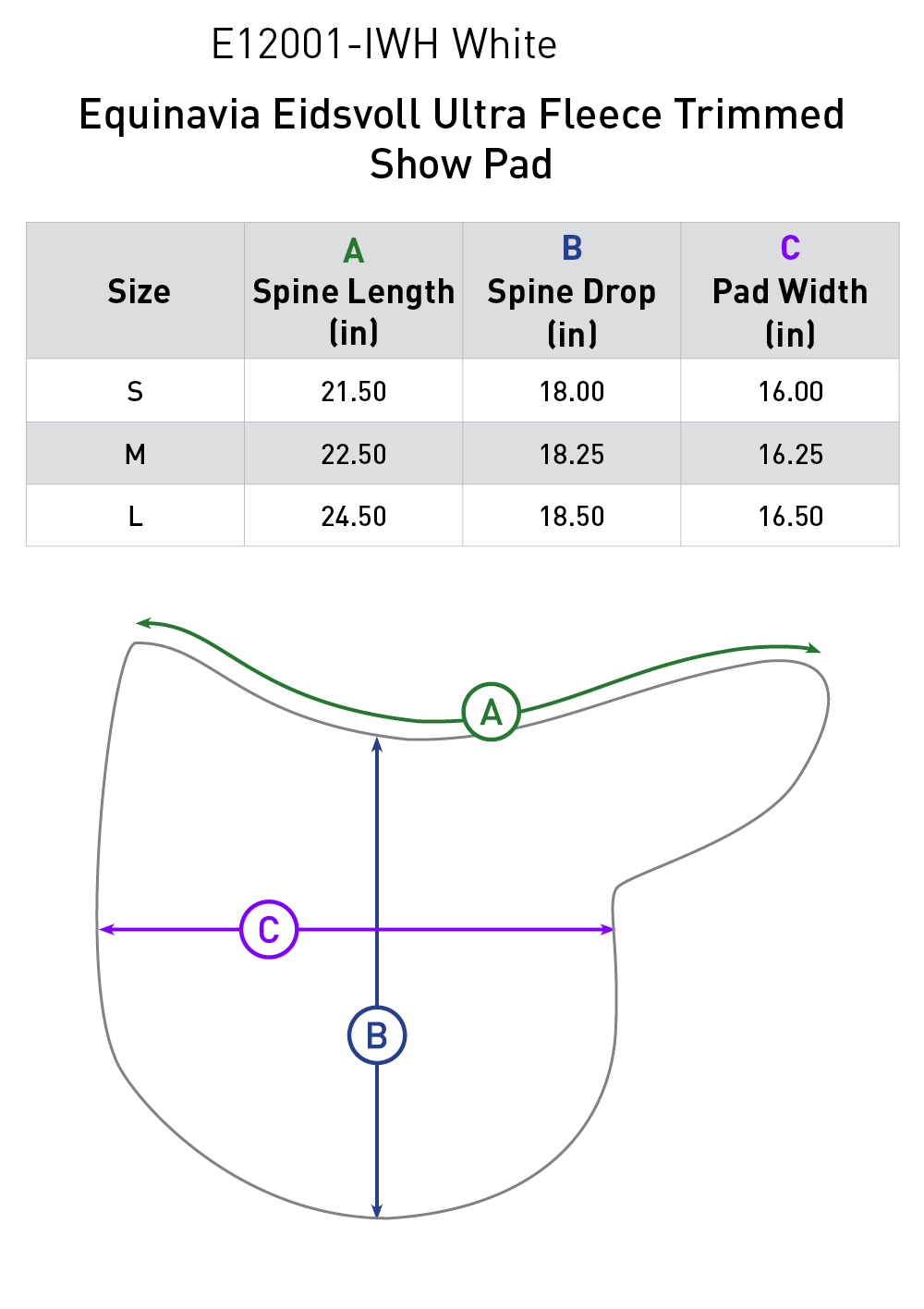 Size chart: English Fitted Pads
