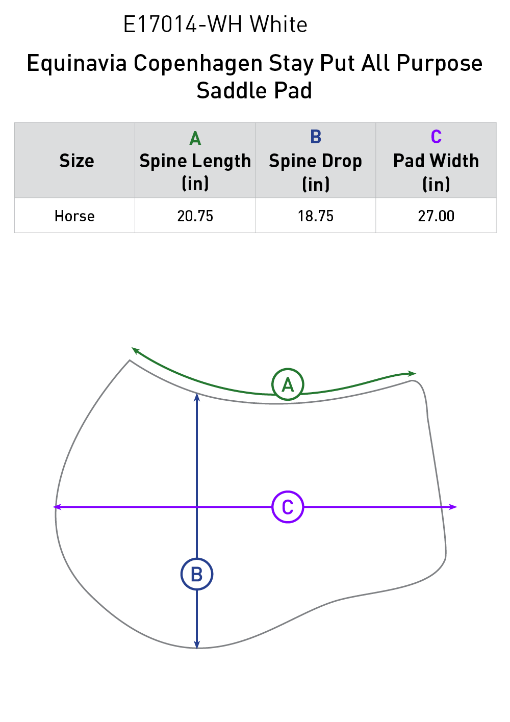 Size chart: Square All Purpose Saddle Pads