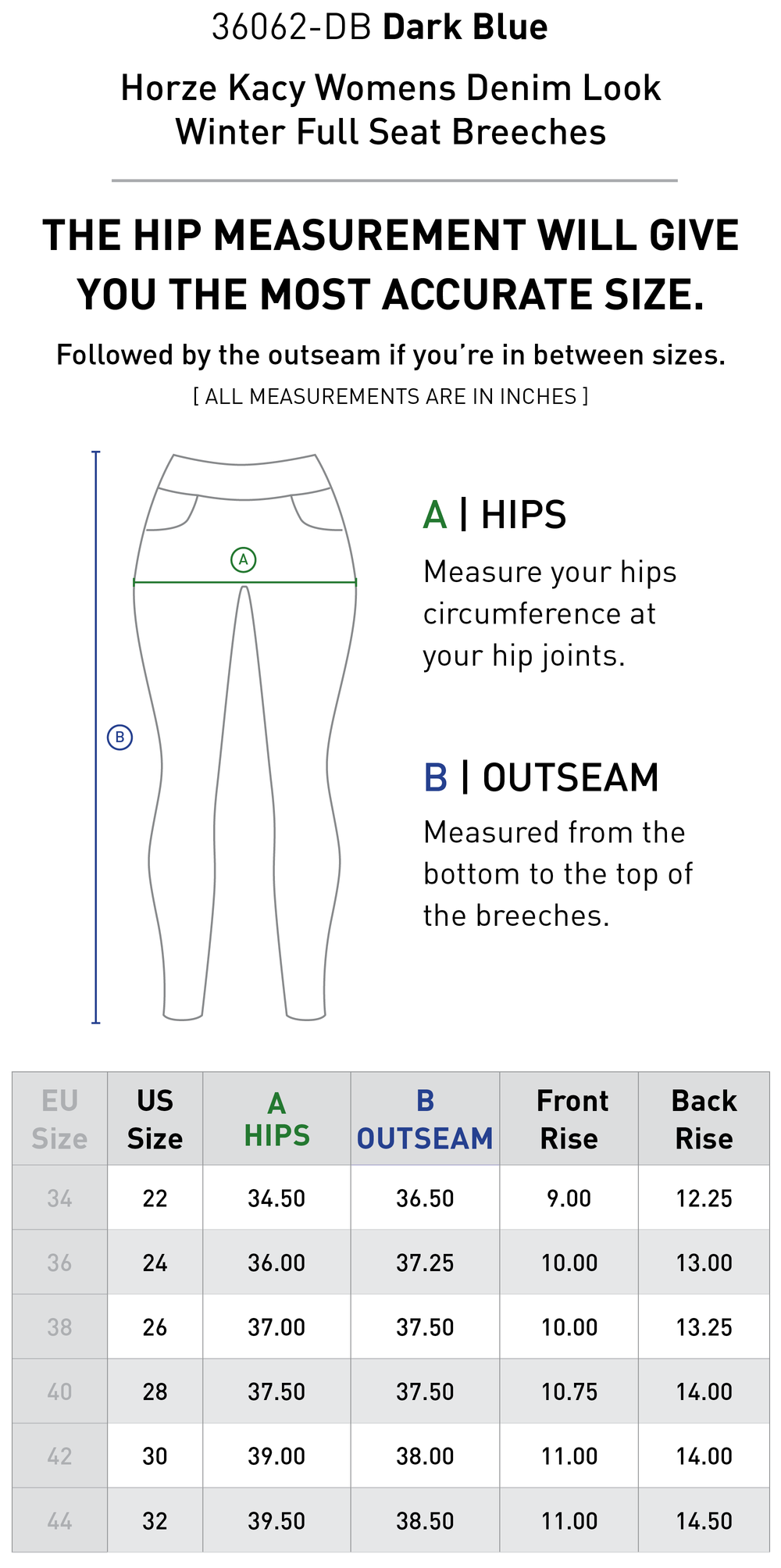 Size chart: Women's Full Seat Breeches & Tights