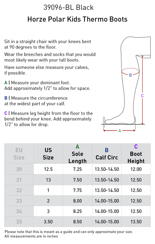 Size chart: Winter Tall Riding Boots