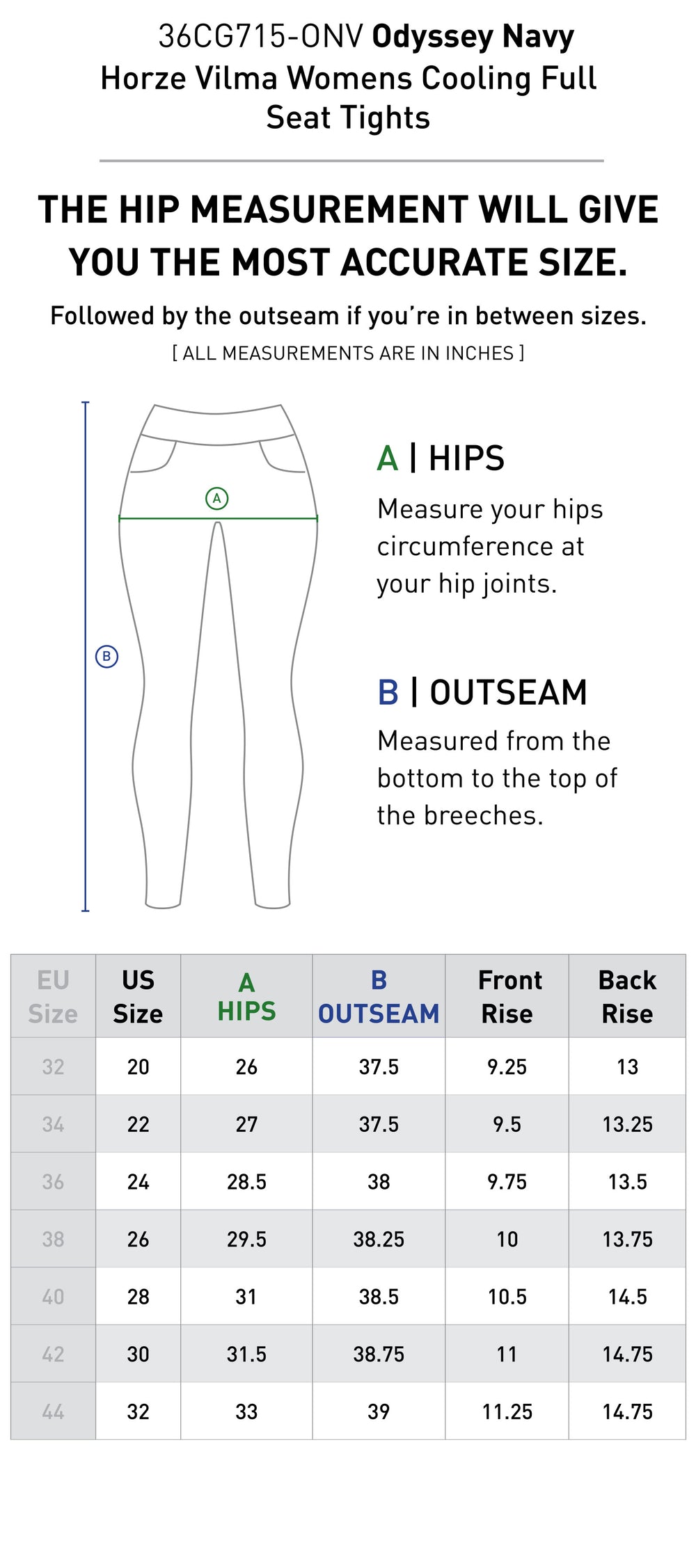 Size chart: Women's Full Seat Breeches & Tights