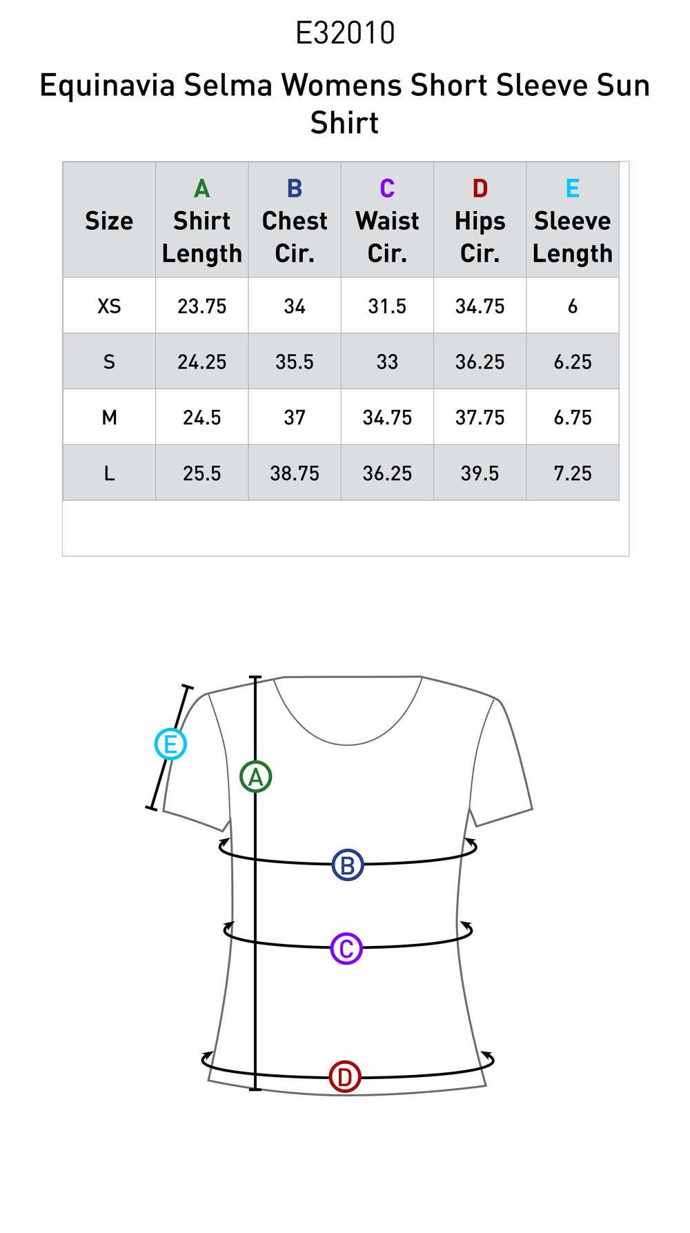Size chart: Zip Front and Technical Shirts
