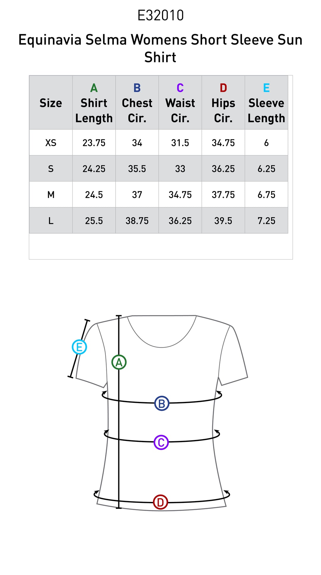 Size chart: Zip Front and Technical Shirts