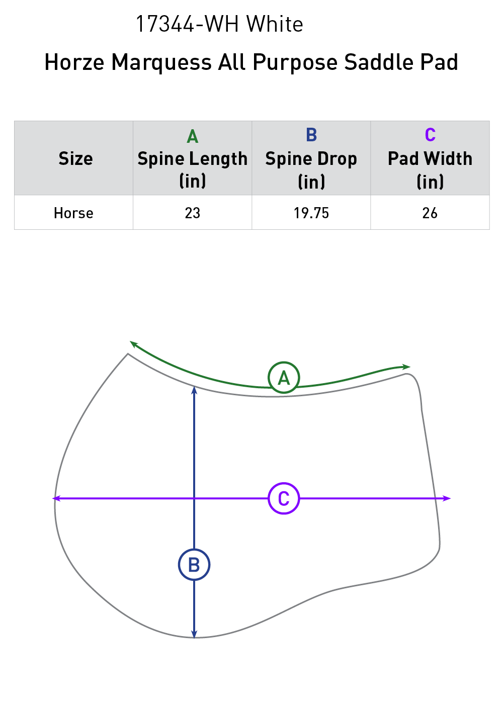 Size chart: Square All Purpose Saddle Pads