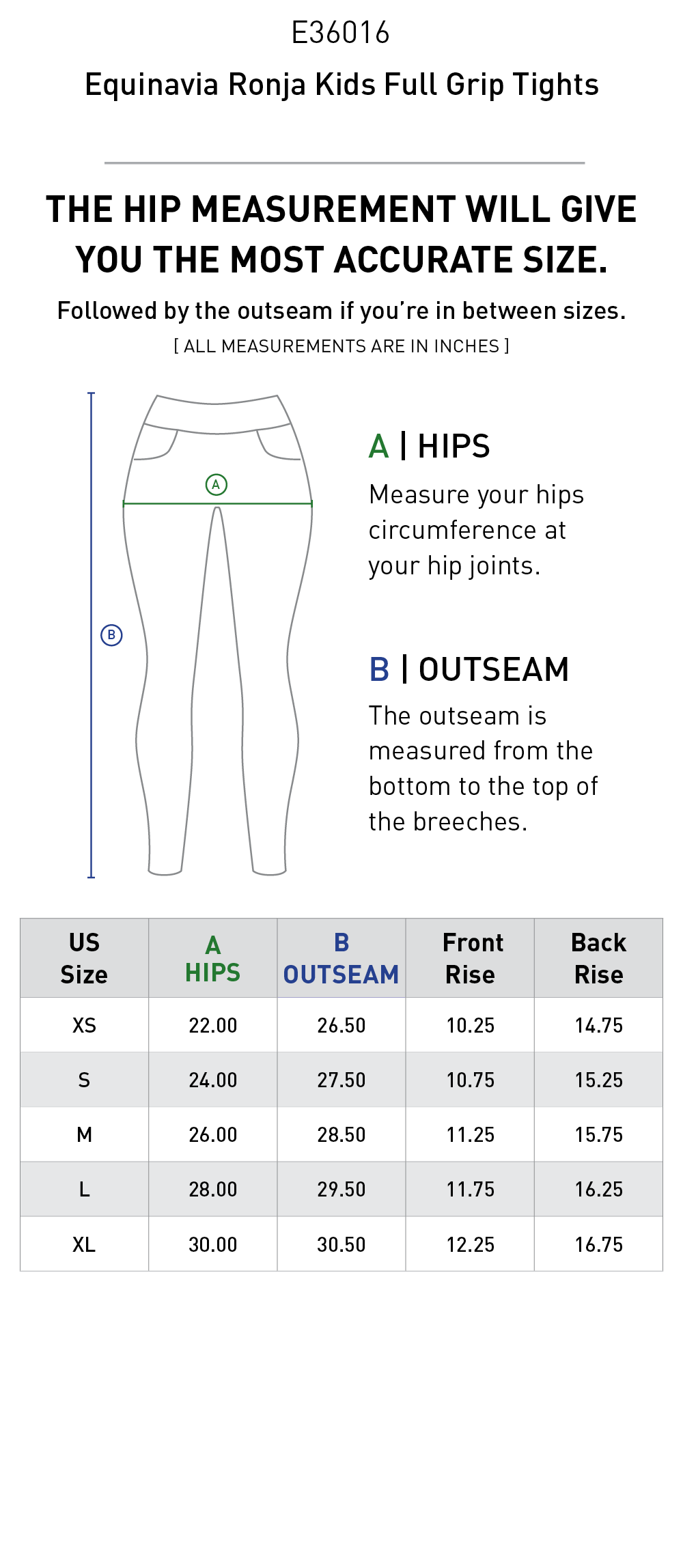 Size chart: Kid's Full Seat Breeches & Tights