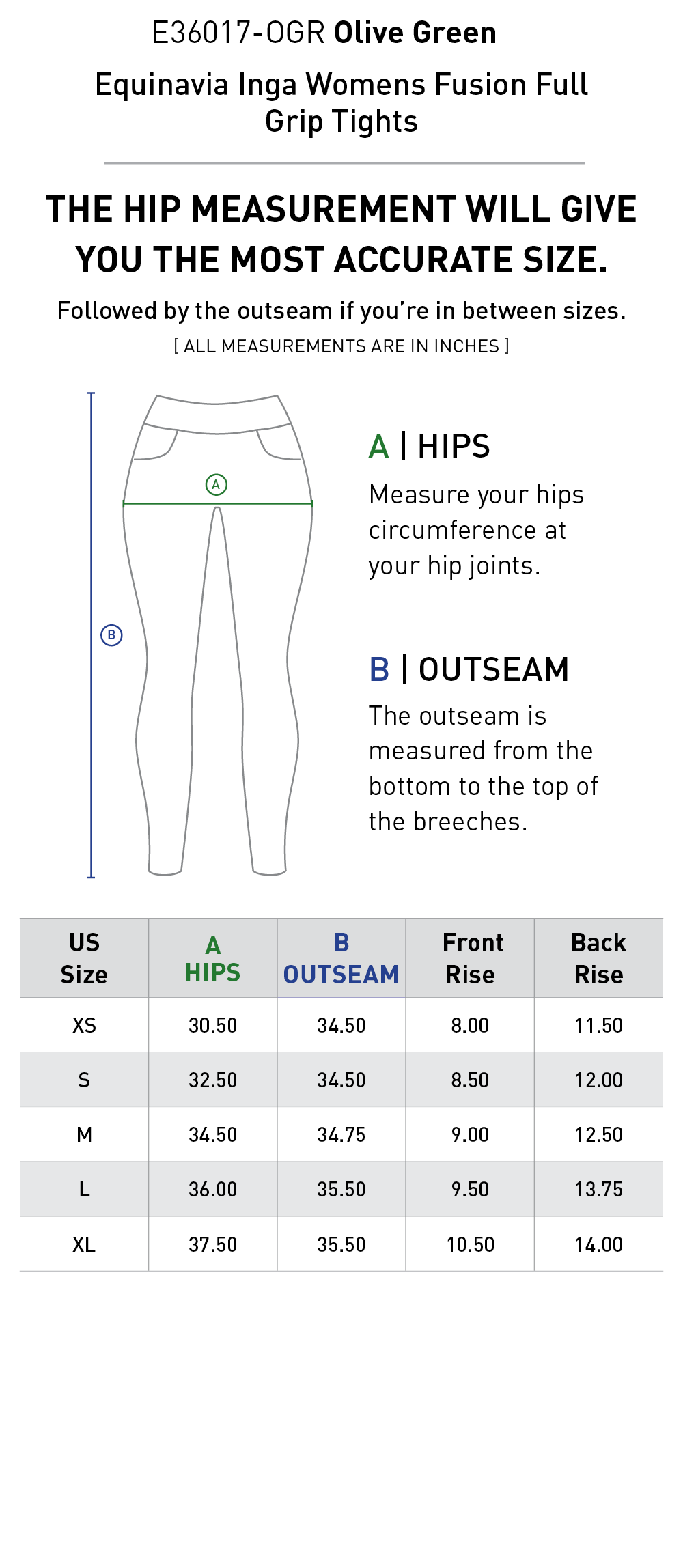 Size chart: Women's Full Seat Breeches & Tights