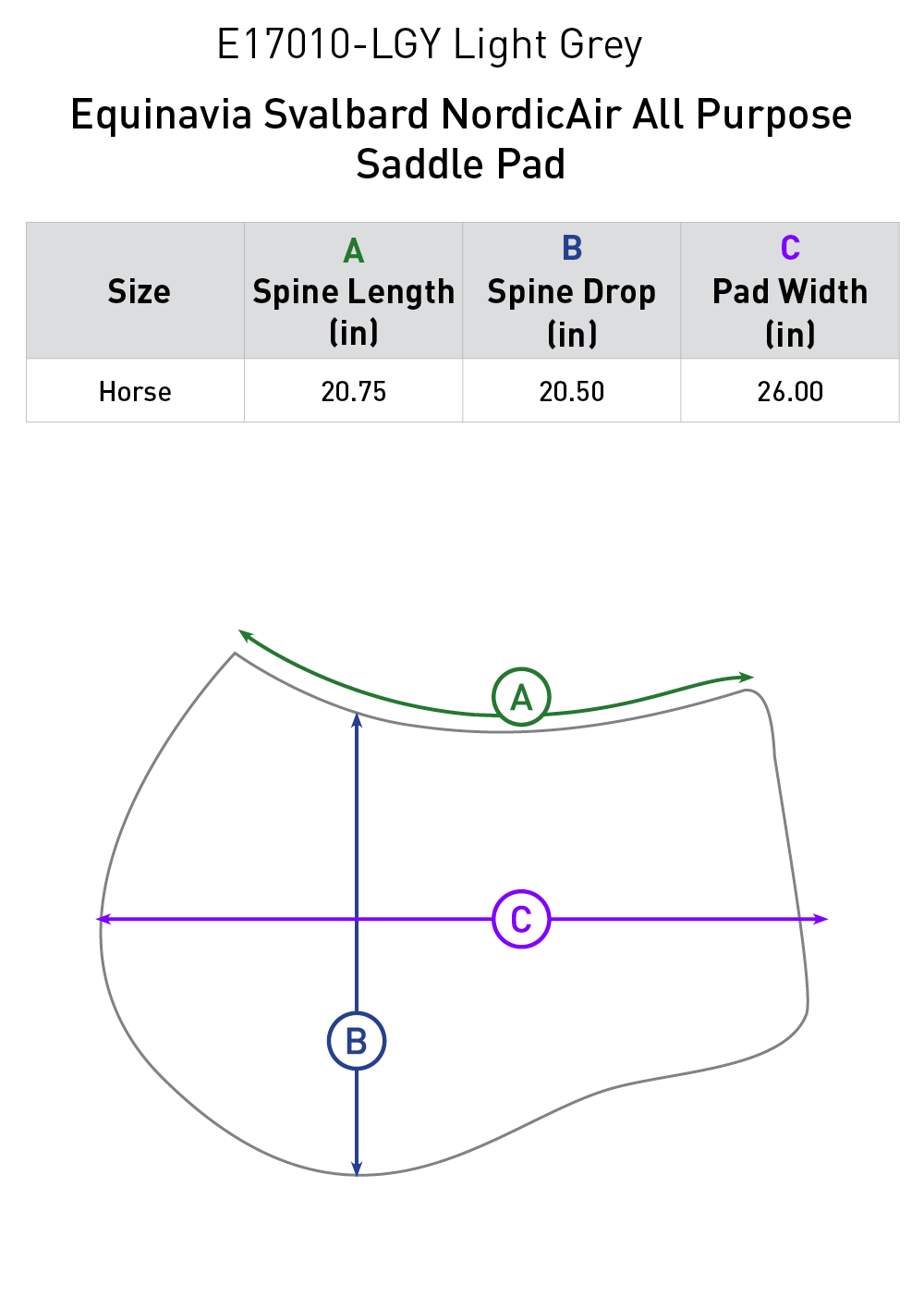 Size chart: Square All Purpose Saddle Pads