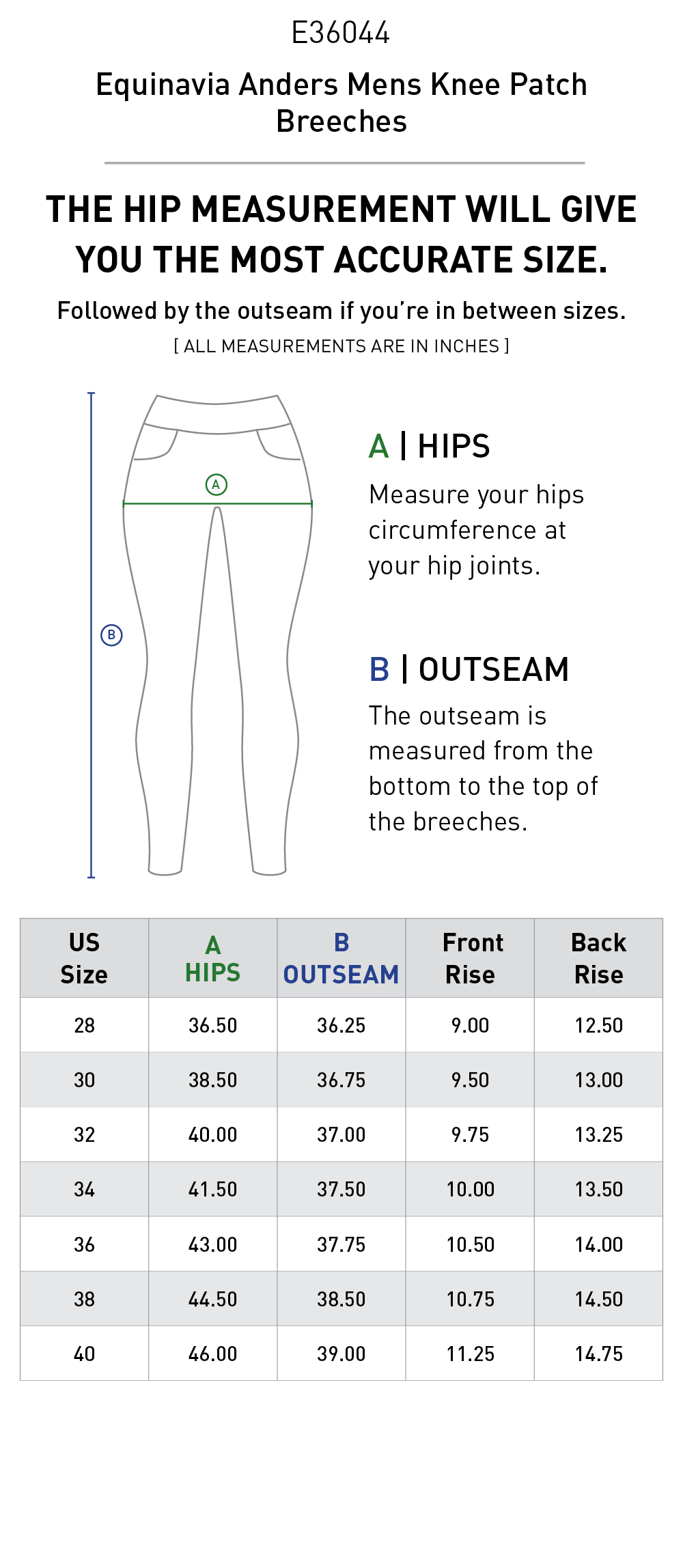 Size chart: Men's Riding Breeches