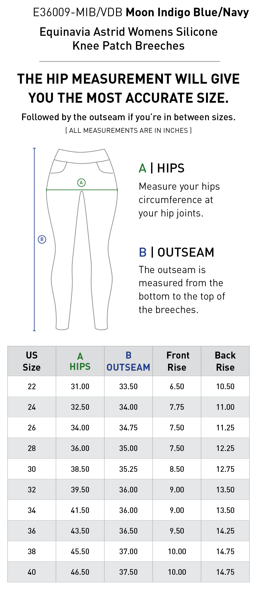 Size chart: Women's Knee Patch Breeches & Tights