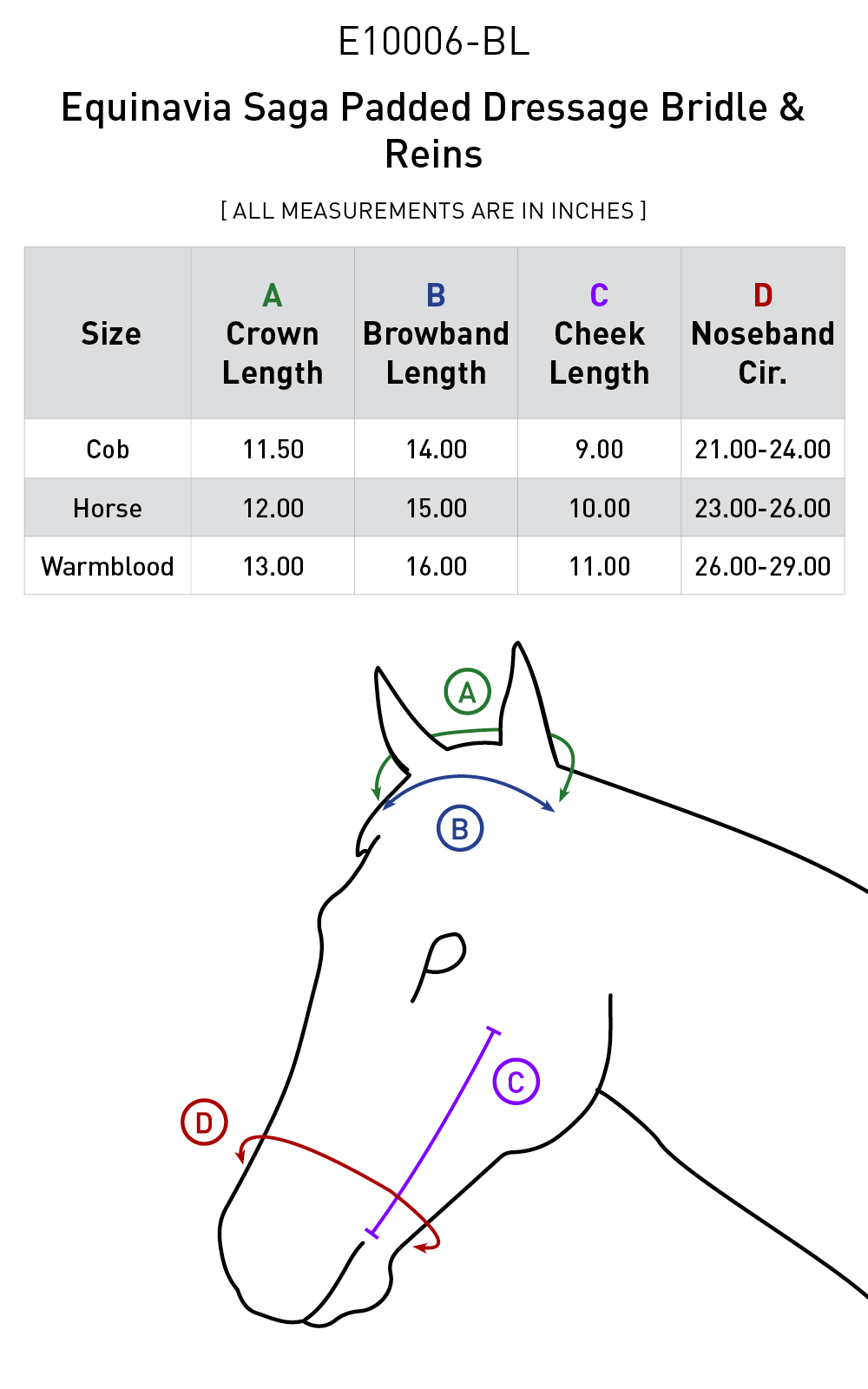 Size chart: English Bridles