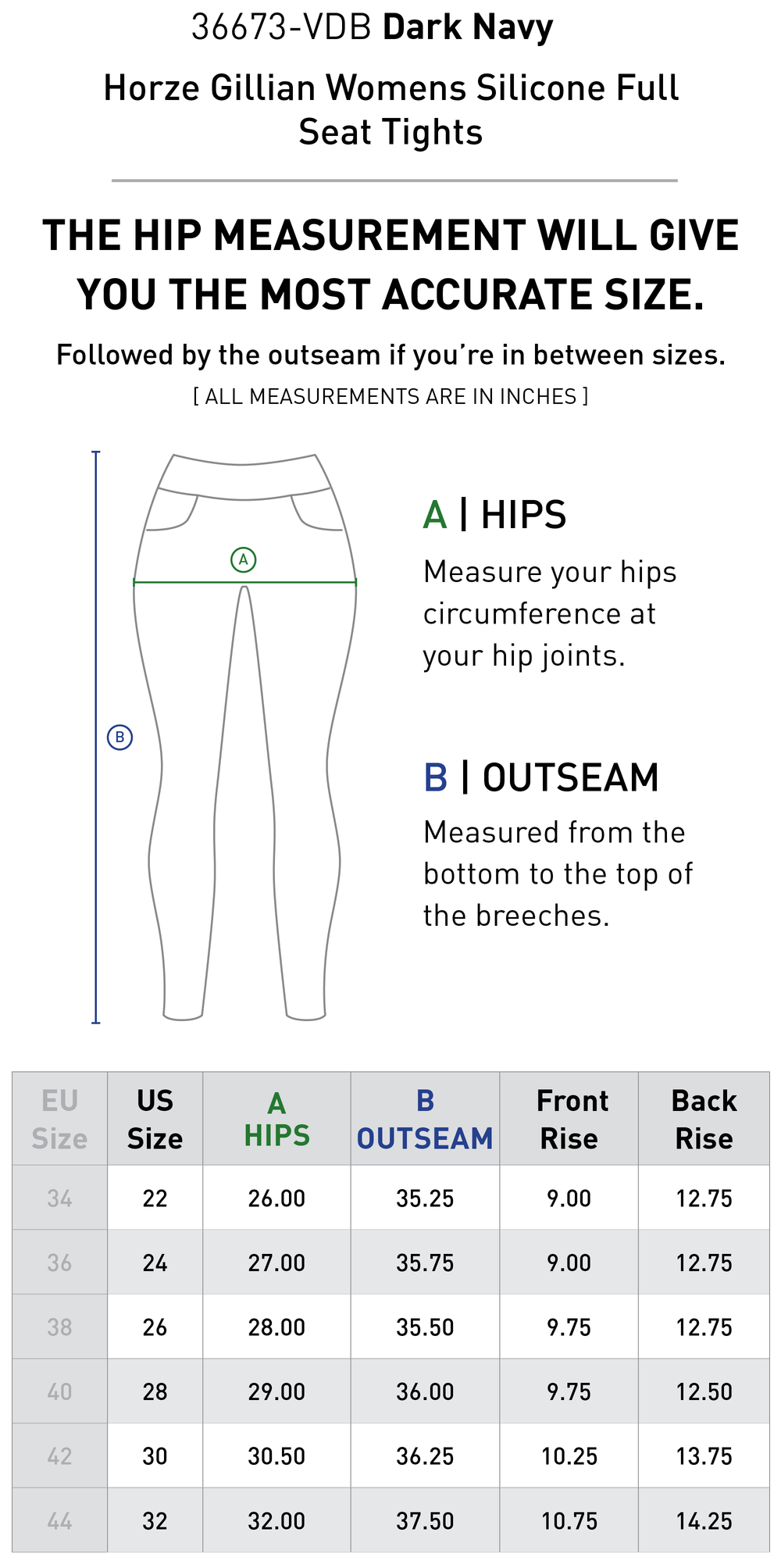 Size chart: Women's Full Seat Breeches & Tights