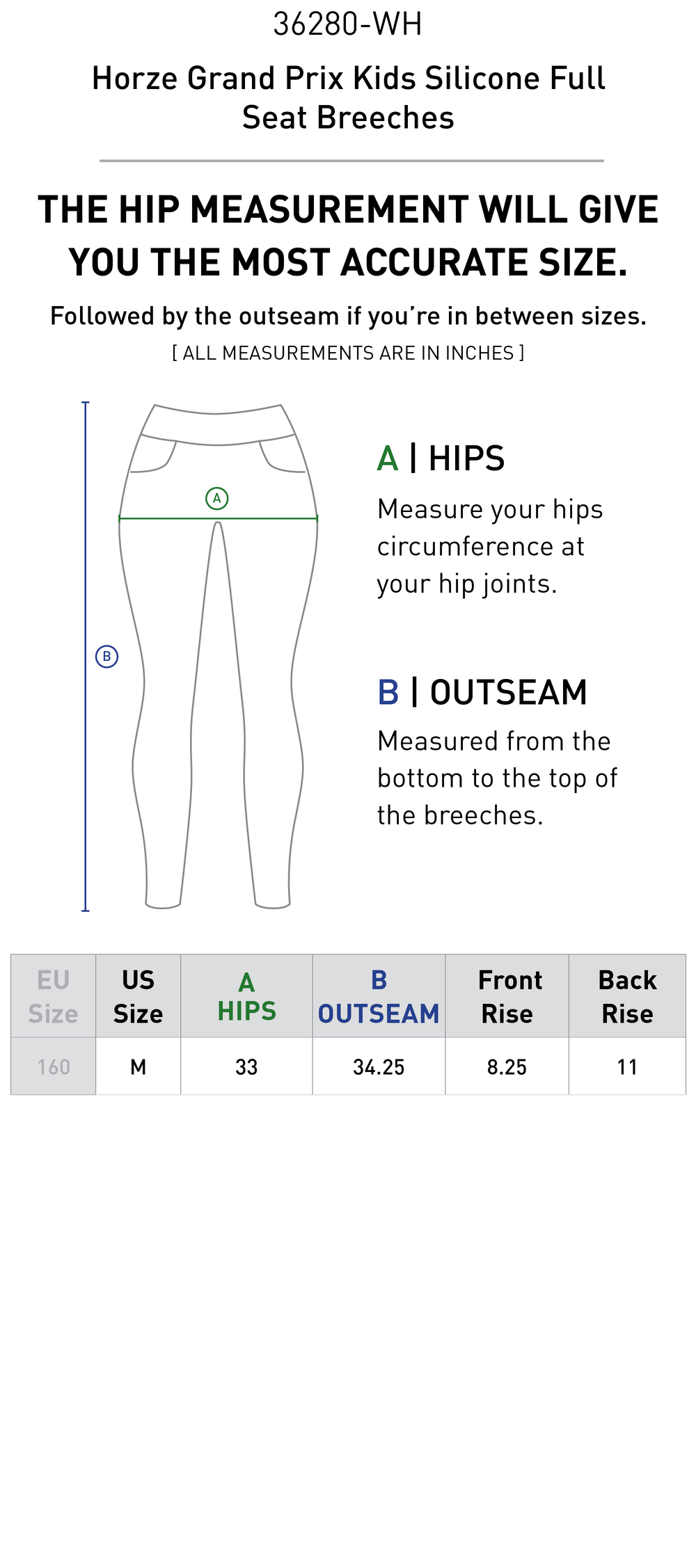 Size chart: Kid's Full Seat Breeches & Tights