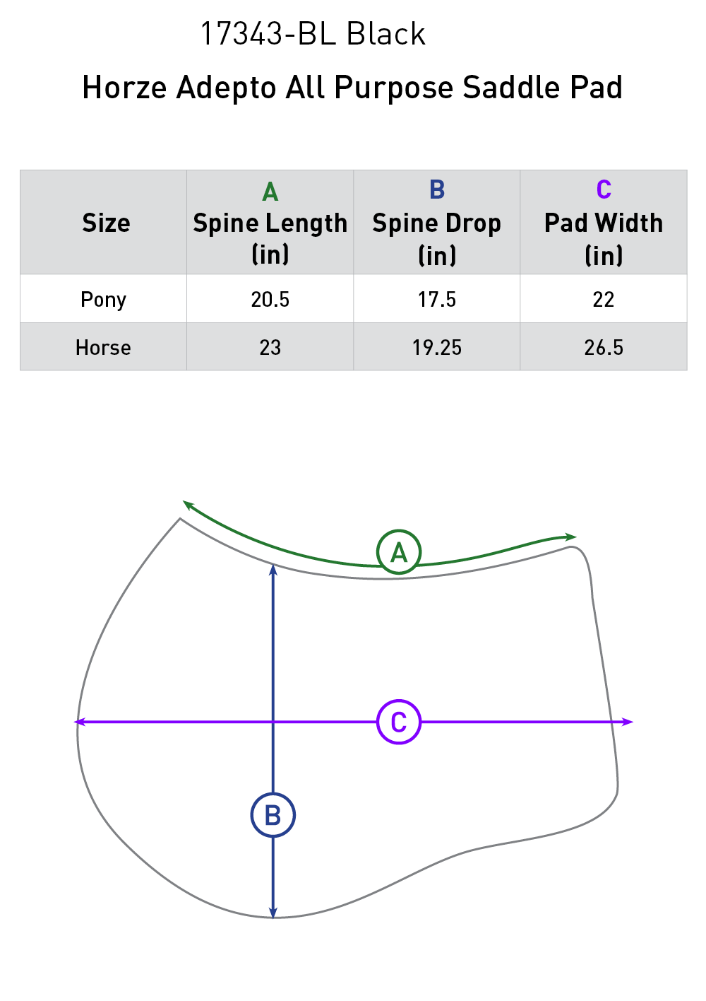 Size chart: Square All Purpose Saddle Pads