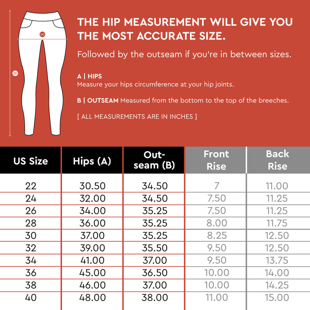Size chart: Women's Knee Patch Breeches & Tights