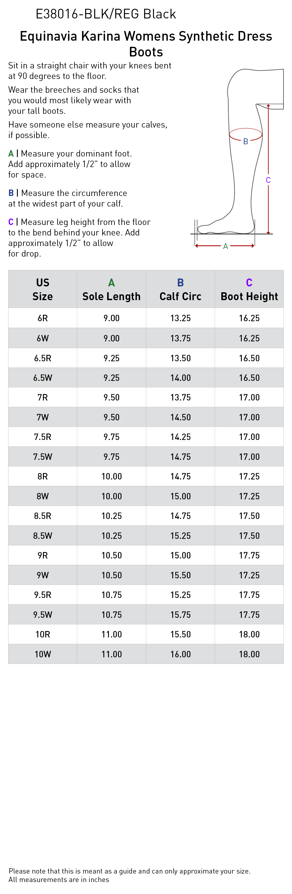 Size chart: Dress &amp; Dressage Boots