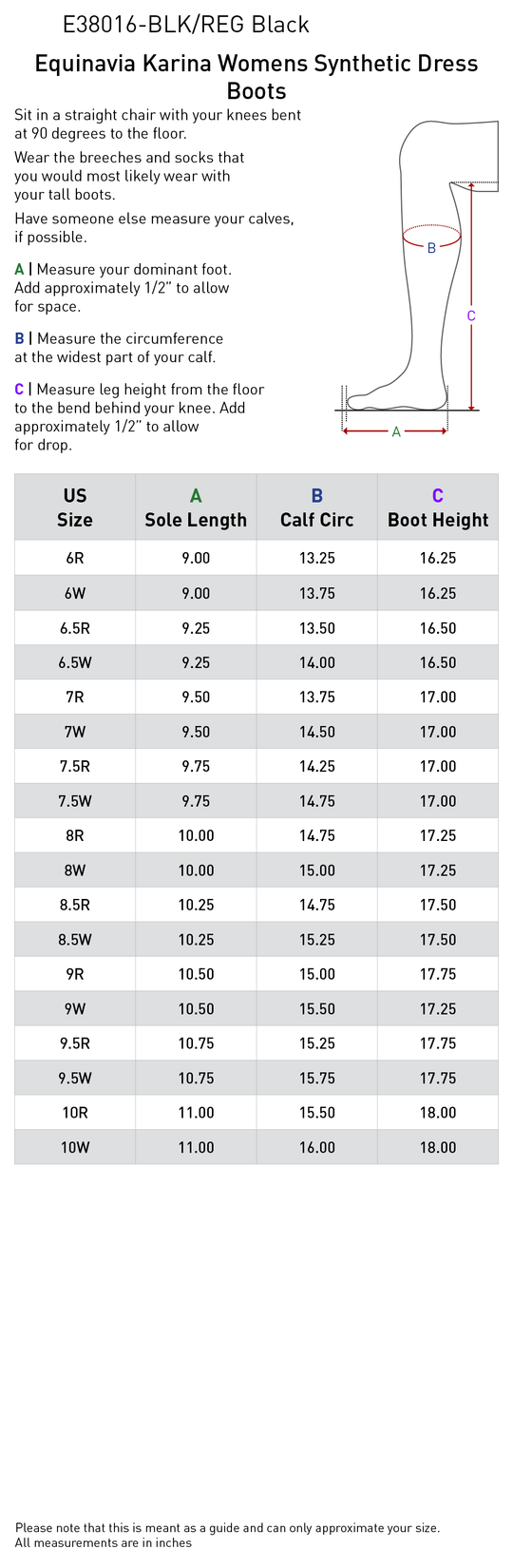 Size chart: Dress &amp; Dressage Boots