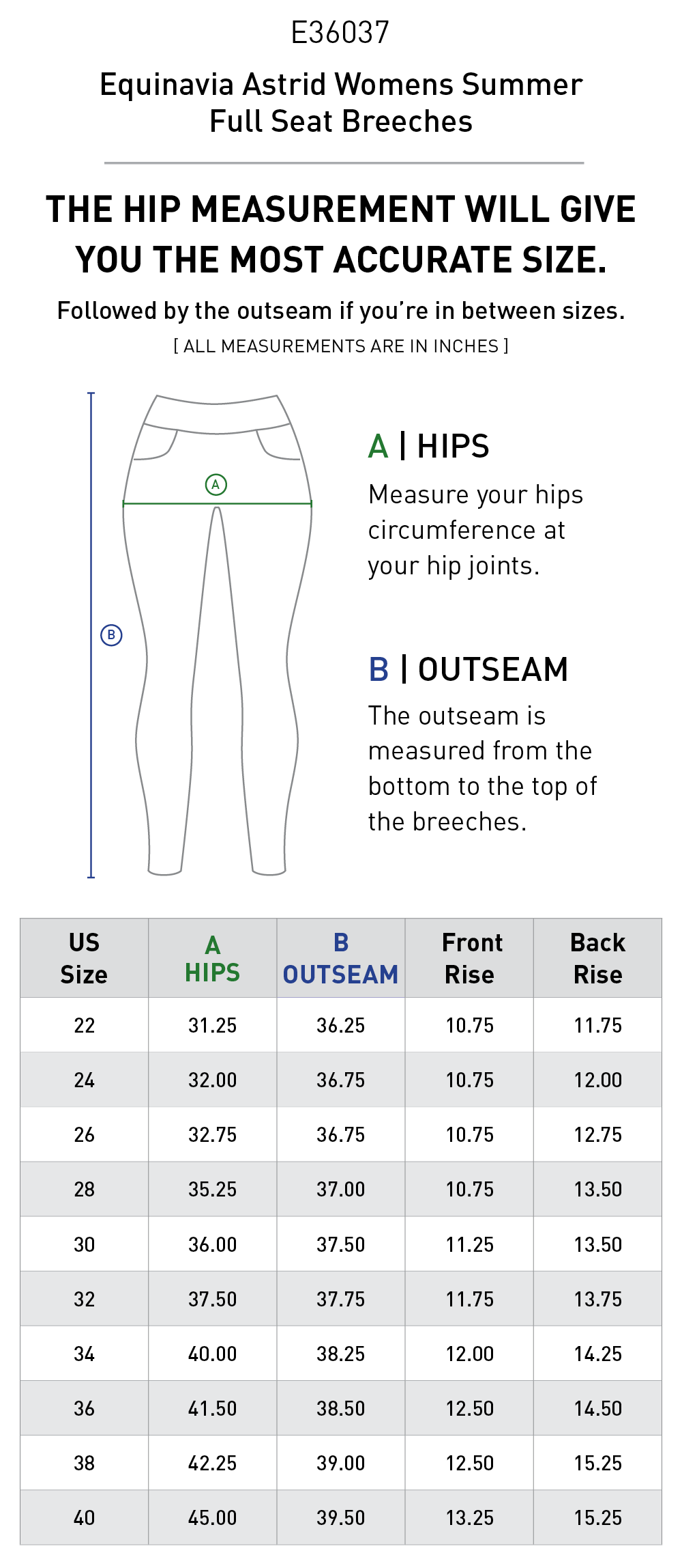 Size chart: Women's Full Seat Breeches & Tights