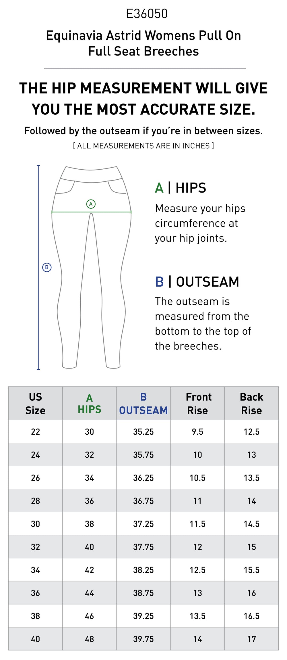 Size chart: Women's Full Seat Breeches & Tights