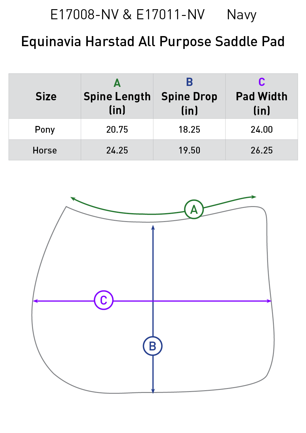Size chart: Square All Purpose Saddle Pads