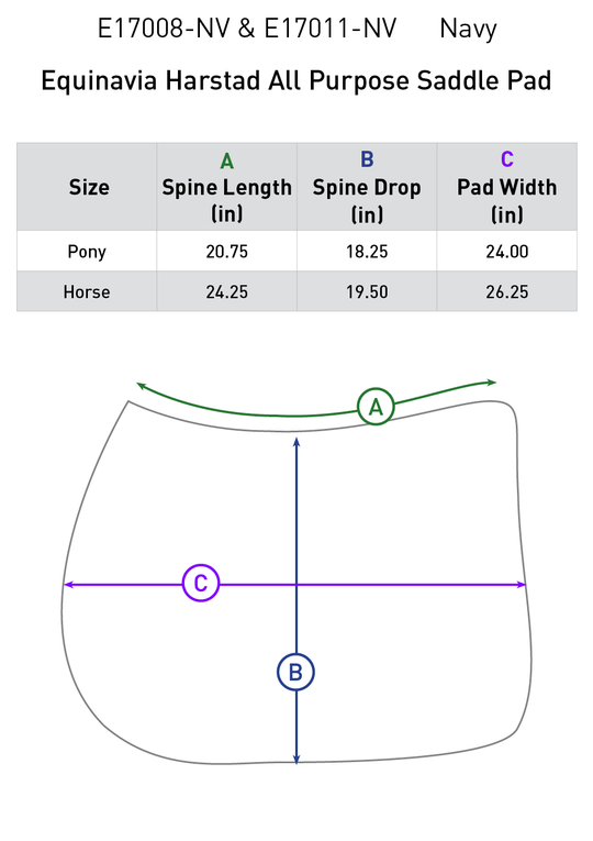 Size chart: Square All Purpose Saddle Pads