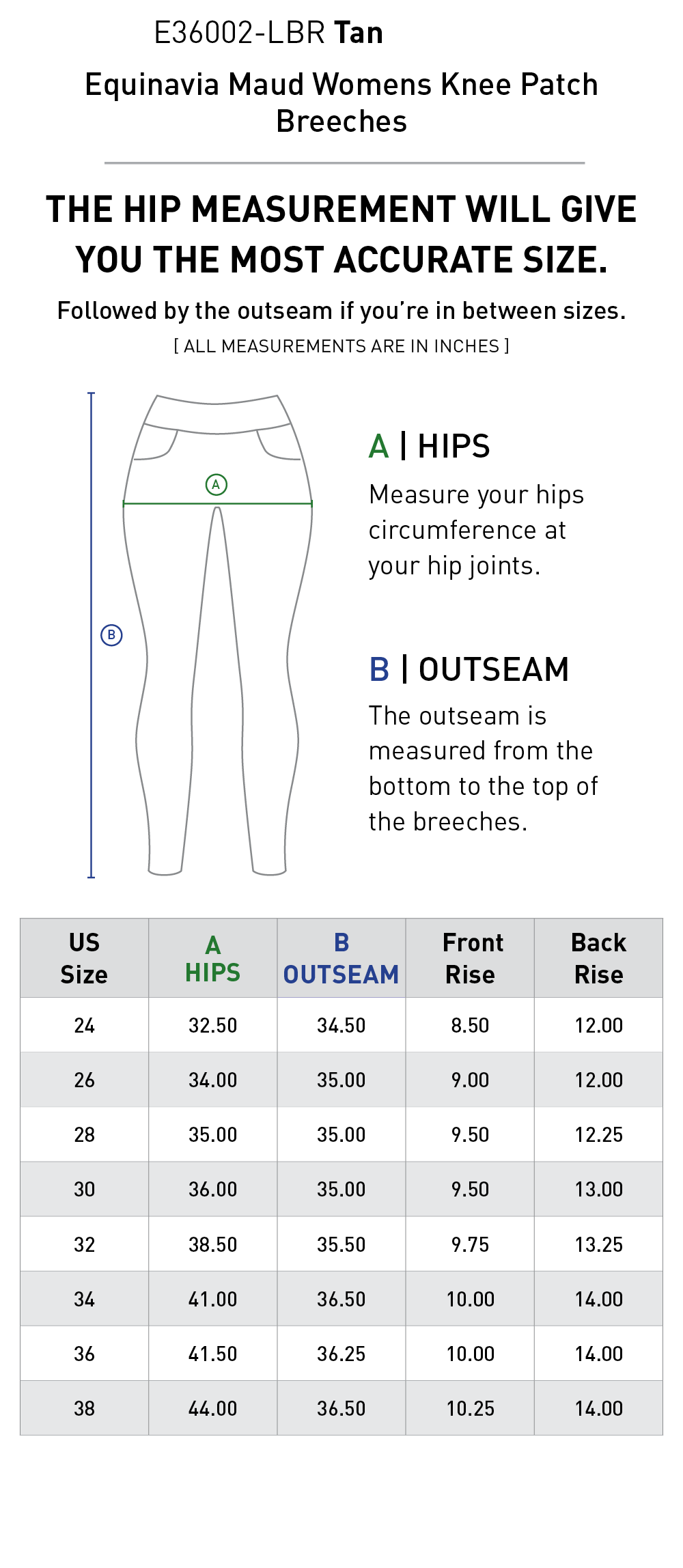 Size chart: Women's Knee Patch Breeches & Tights